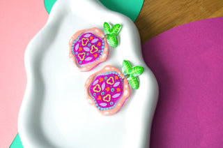 Laser Cut Acrylic Magenta Pizza Earrings with Peppers, Mushrooms and Onions