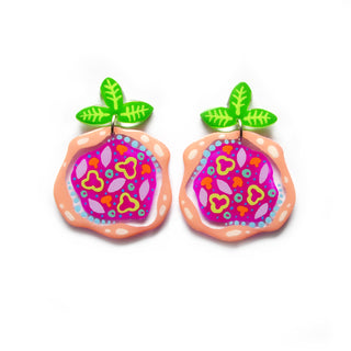 Laser Cut Acrylic Magenta Pizza Earrings with Peppers, Mushrooms and Onions
