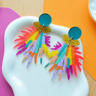 Colorful Rainbow Pom Pom Glitter Resin Earrings