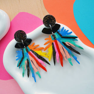 Rainbow and Black Pom Pom Acrylic Laser Cut Earrings