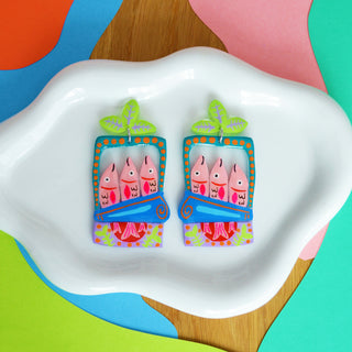 Colorful Pink Sardine Tin Fish Earrings in Blue and Green