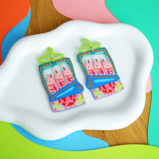 Colorful Pink Sardine Tin Fish Earrings in Blue and Green