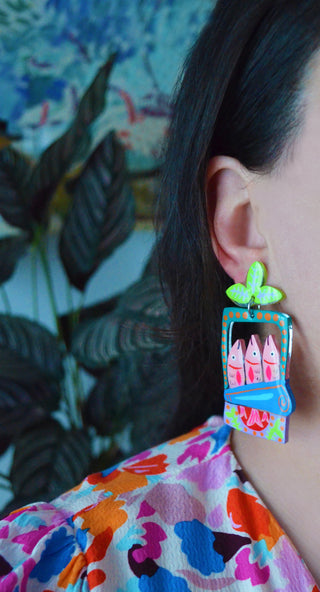 Colorful Pink Sardine Tin Fish Earrings in Blue and Green