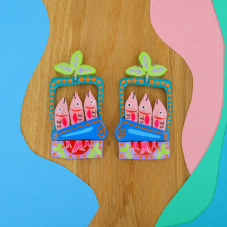 Colorful Pink Sardine Tin Fish Earrings in Blue and Green
