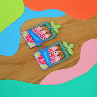 Colorful Pink Sardine Tin Fish Earrings in Blue and Green