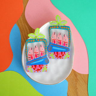 Colorful Pink Sardine Tin Fish Earrings in Blue and Green