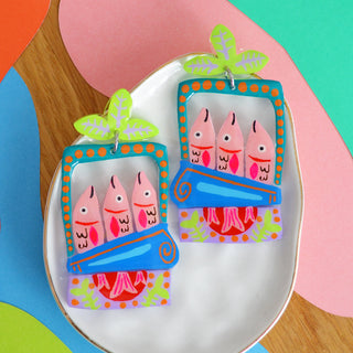 Colorful Pink Sardine Tin Fish Earrings in Blue and Green
