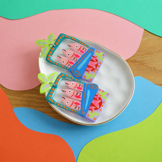 Colorful Pink Sardine Tin Fish Earrings in Blue and Green