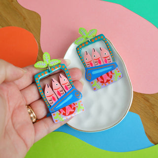 Colorful Pink Sardine Tin Fish Earrings in Blue and Green