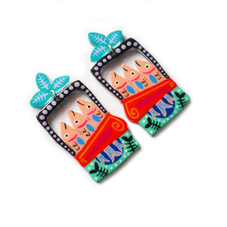 Hand Painted Resin Sardine Tin Fish Earrings in Turquoise and Red