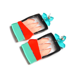 Hand Painted Resin Sardine Tin Fish Earrings in Turquoise and Red