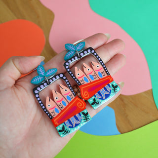 Hand Painted Resin Sardine Tin Fish Earrings in Turquoise and Red