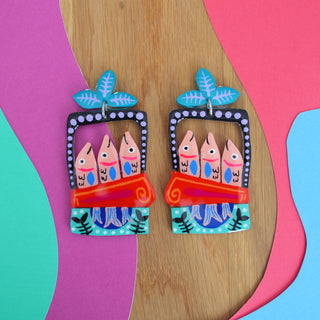 Hand Painted Resin Sardine Tin Fish Earrings in Turquoise and Red