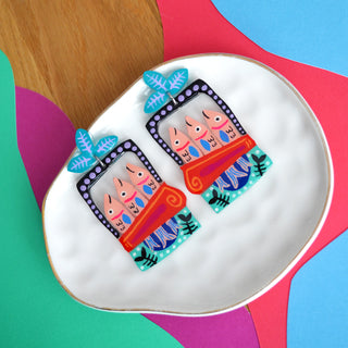 Hand Painted Resin Sardine Tin Fish Earrings in Turquoise and Red