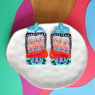 Hand Painted Resin Sardine Tin Fish Earrings in Turquoise and Red