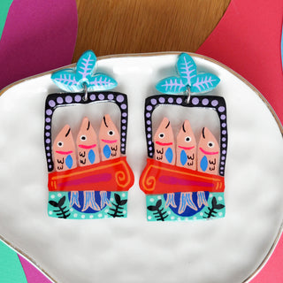 Hand Painted Resin Sardine Tin Fish Earrings in Turquoise and Red