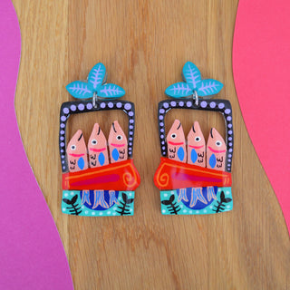 Hand Painted Resin Sardine Tin Fish Earrings in Turquoise and Red