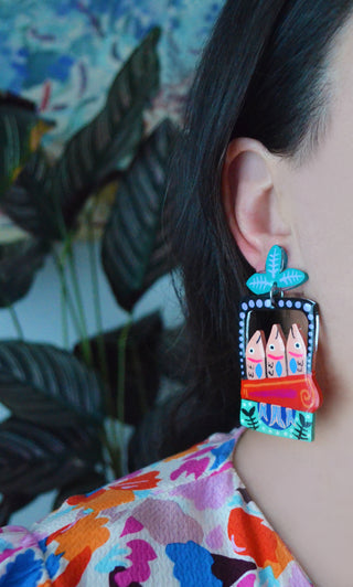 Hand Painted Resin Sardine Tin Fish Earrings in Turquoise and Red