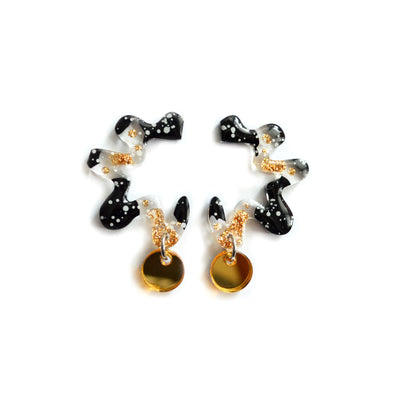 Squiggle Abstract Art Wavy Earrings in Black and Gold Resin