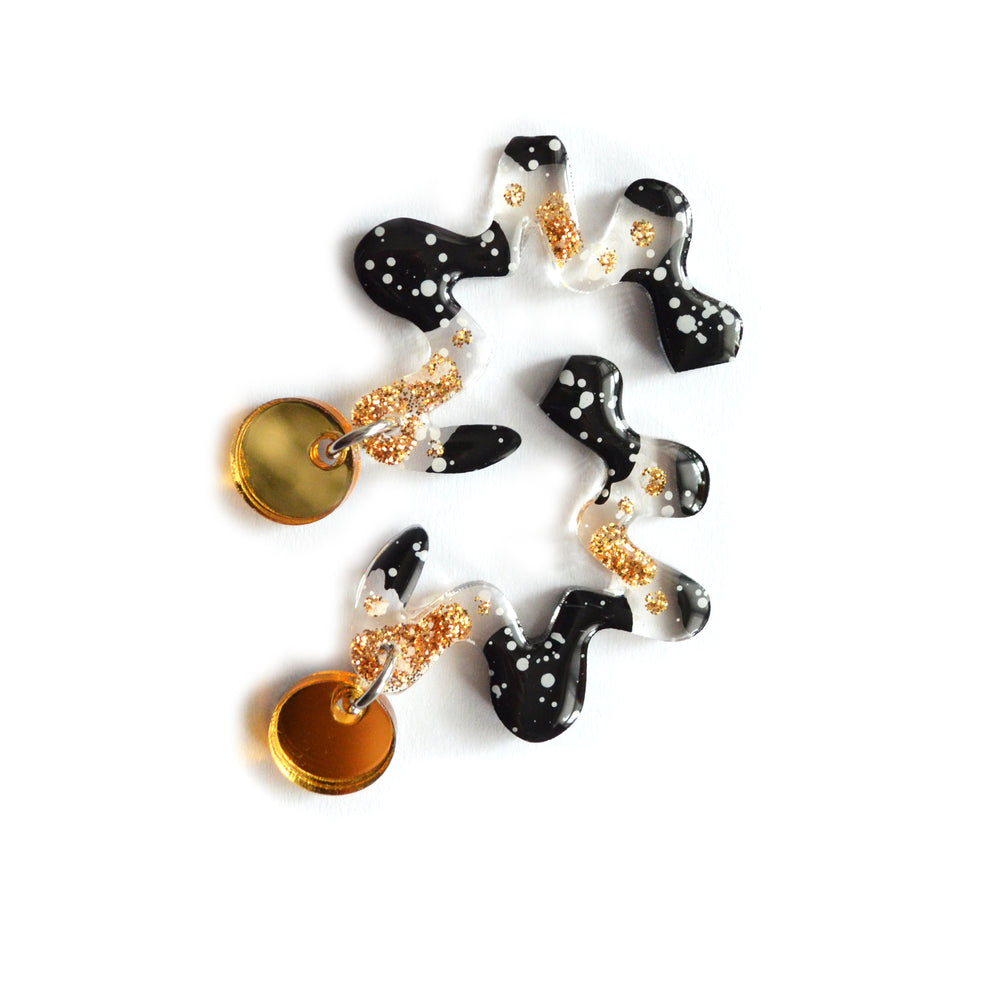 Squiggle Abstract Art Wavy Earrings in Black and Gold Resin