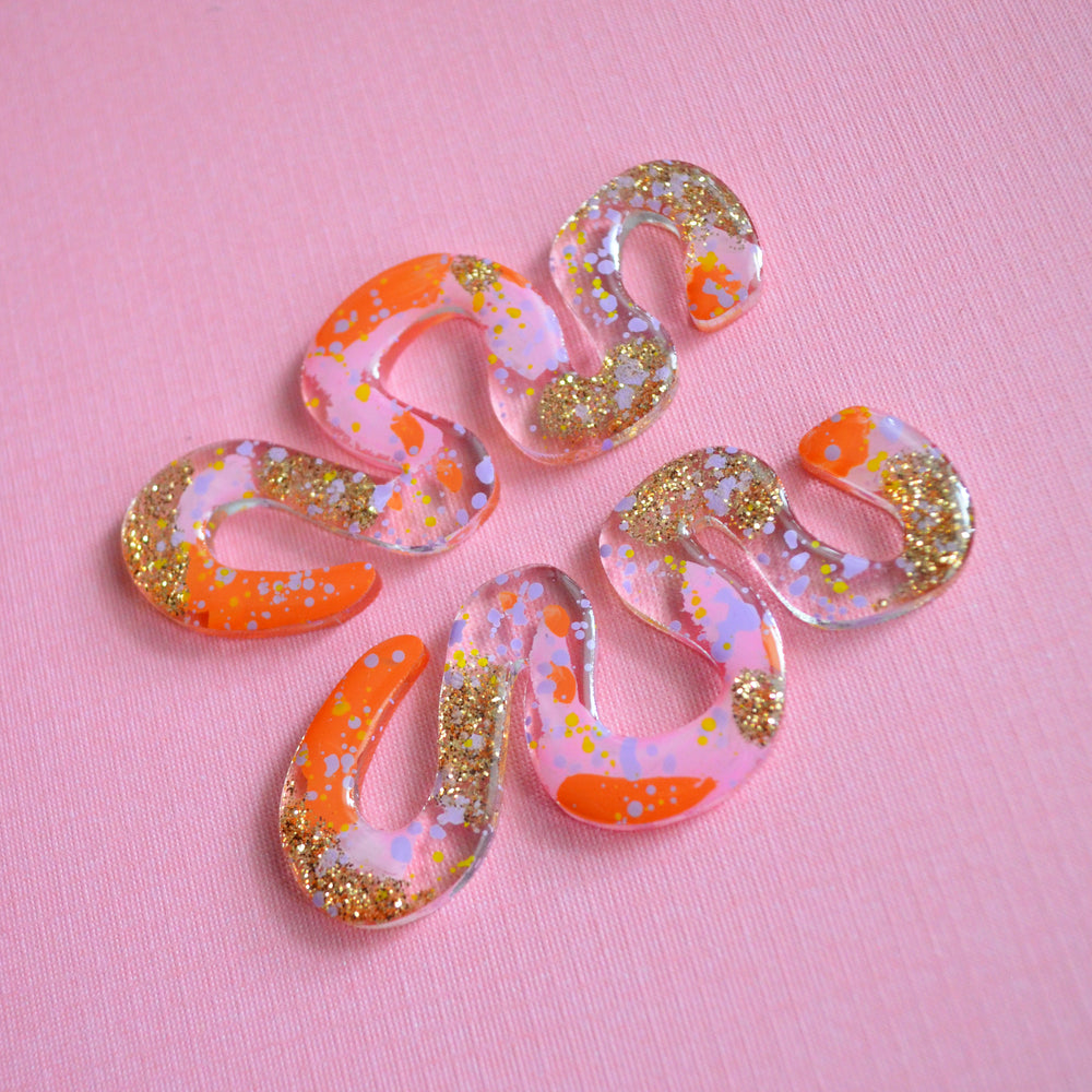 Squiggle Abstract Art Wavy Earrings in Orange and Gold