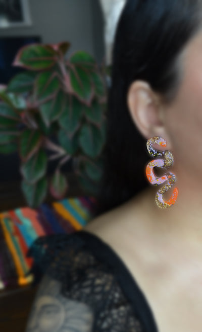 Squiggle Abstract Art Wavy Earrings in Orange and Gold