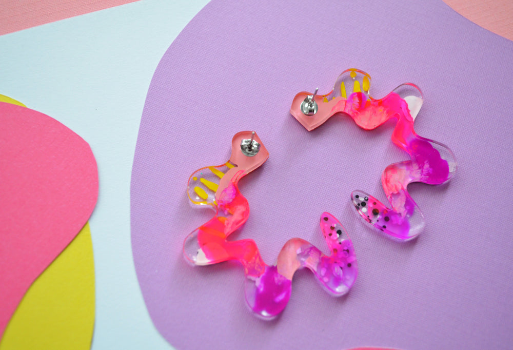 Squiggle Abstract Art Doodle Earrings in Orange and Pink