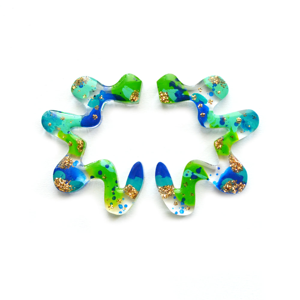 Squiggle Abstract Art Wavy Earrings in Blue and Green Resin