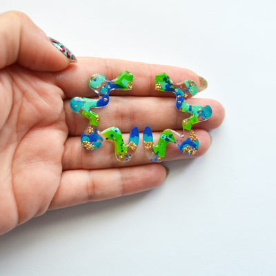 Squiggle Abstract Art Wavy Earrings in Blue and Green Resin
