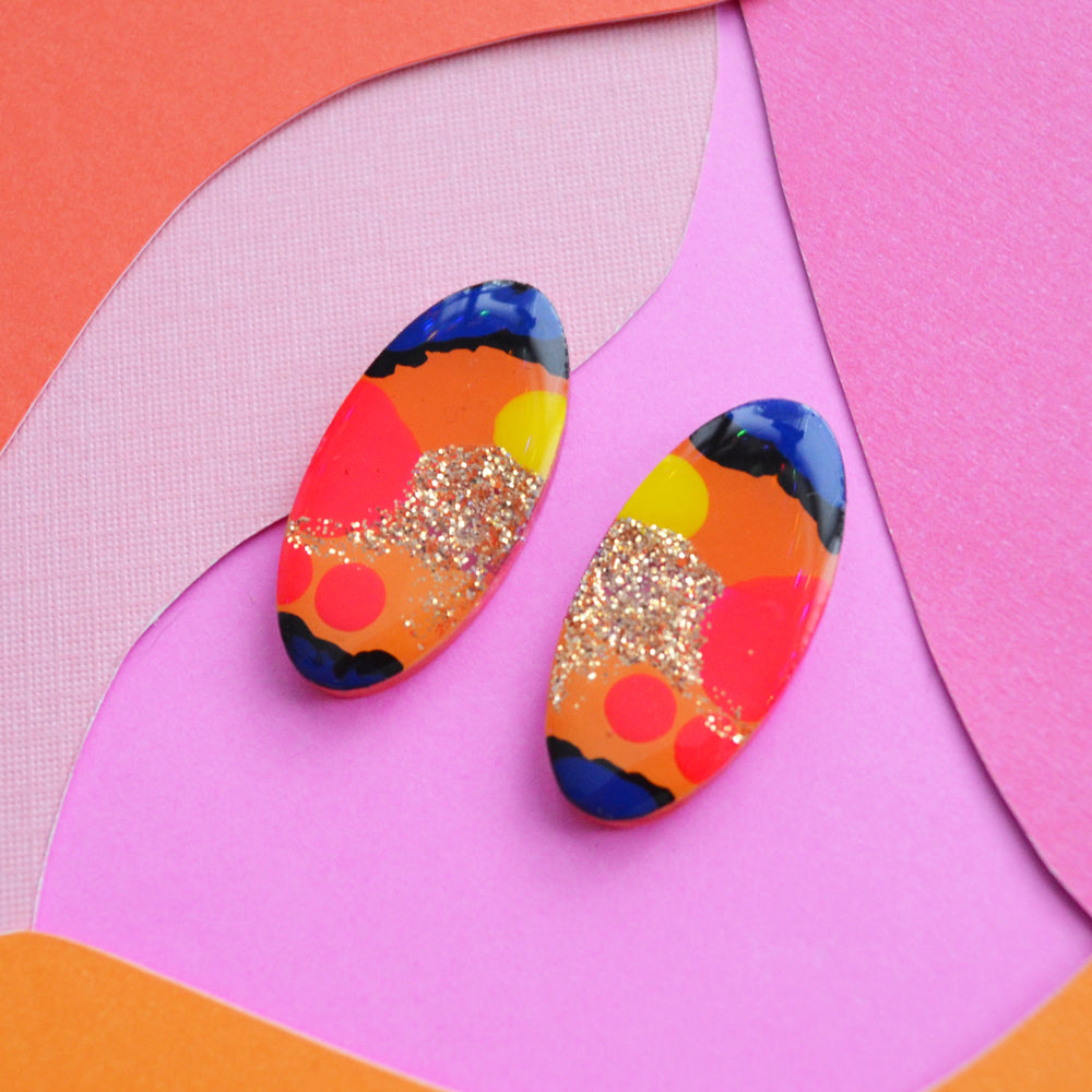 Orange and Pink Abstract Art Oval Resin Stud Earrings