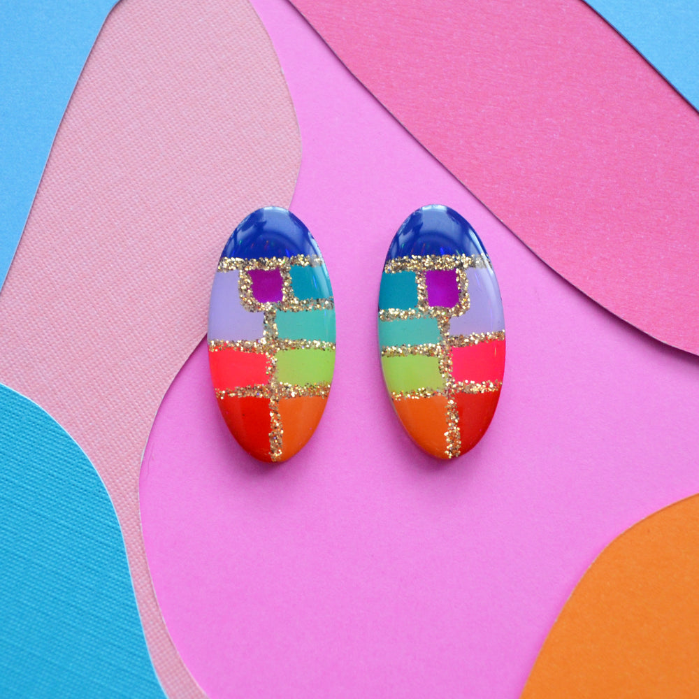 Rainbow Abstract Art Oval Resin Stud Earrings