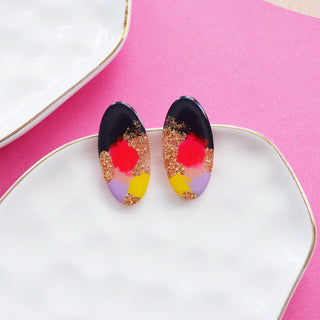 Pink and Black Oval Resin Stud Earrings