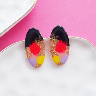 Pink and Black Oval Resin Stud Earrings