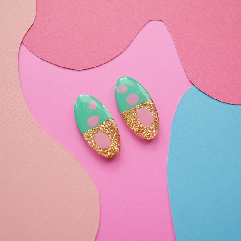 Mint and Pink with Gold Glitter Oval Resin Stud Earrings
