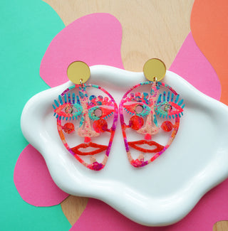 Gold and Hot Pink Laser Cut Face Earrings