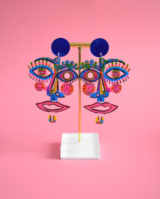 Electric Blue and Hot Pink Laser Cut Face Earrings