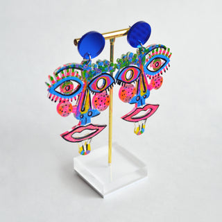 Electric Blue and Hot Pink Laser Cut Face Earrings