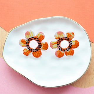 Orange and Pink Flower Stud Earrings