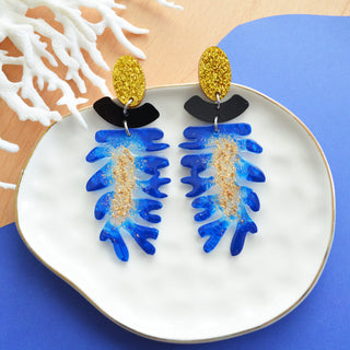 Blue Seaweed Statement Earrings with Gold Glitter