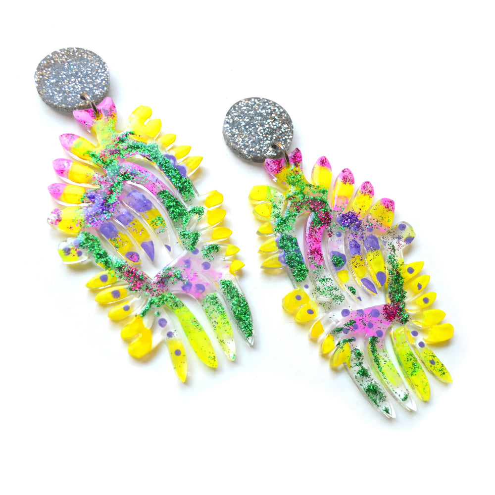 Yellow and Fuchsia Acrylic Laser Cut Statement Earrings with Green Glitter