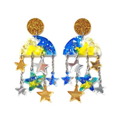 Cloud Moon and Star Dangle Chain Statement Laser Cut and Resin Earrings