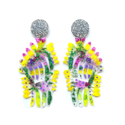 Yellow and Fuchsia Acrylic Laser Cut Statement Earrings with Green Glitter