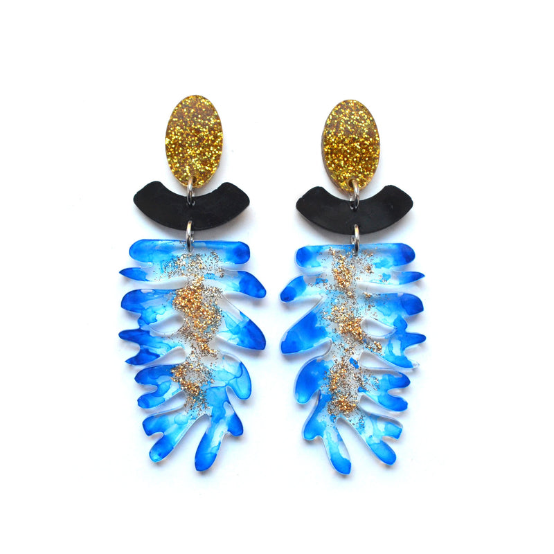 Blue Seaweed Statement Earrings with Gold Glitter