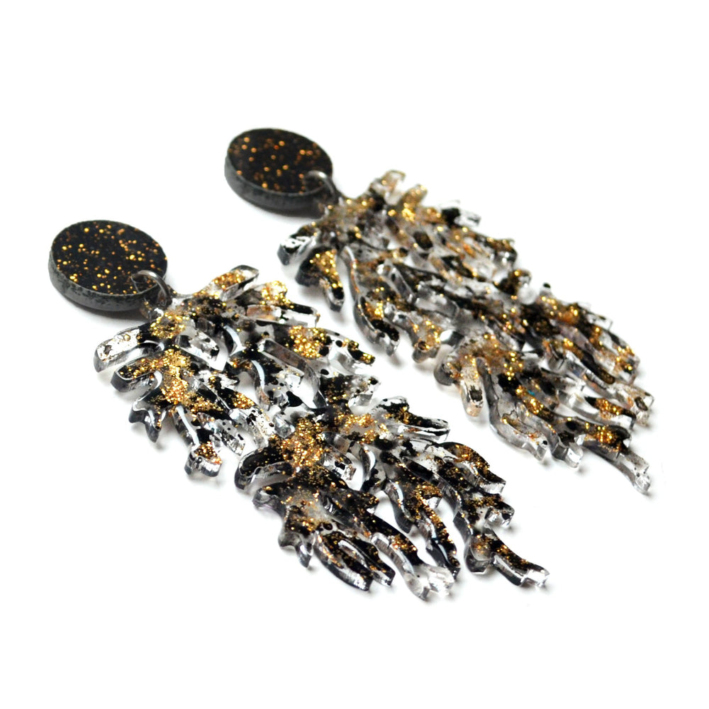 Black and Gold Glitter Branch Resin Art Statement Earrings