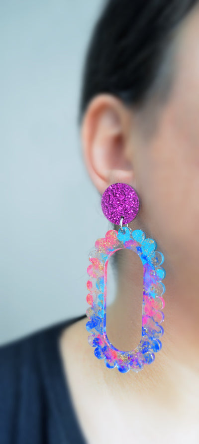 Pink Glitter Drop Scalloped Hoop Laser Cut Acrylic Earrings