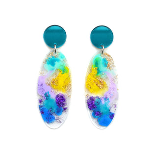 Pastel Ocean Abstract Art Glitter Oval Drop Earrings, Laser Cut Acrylic