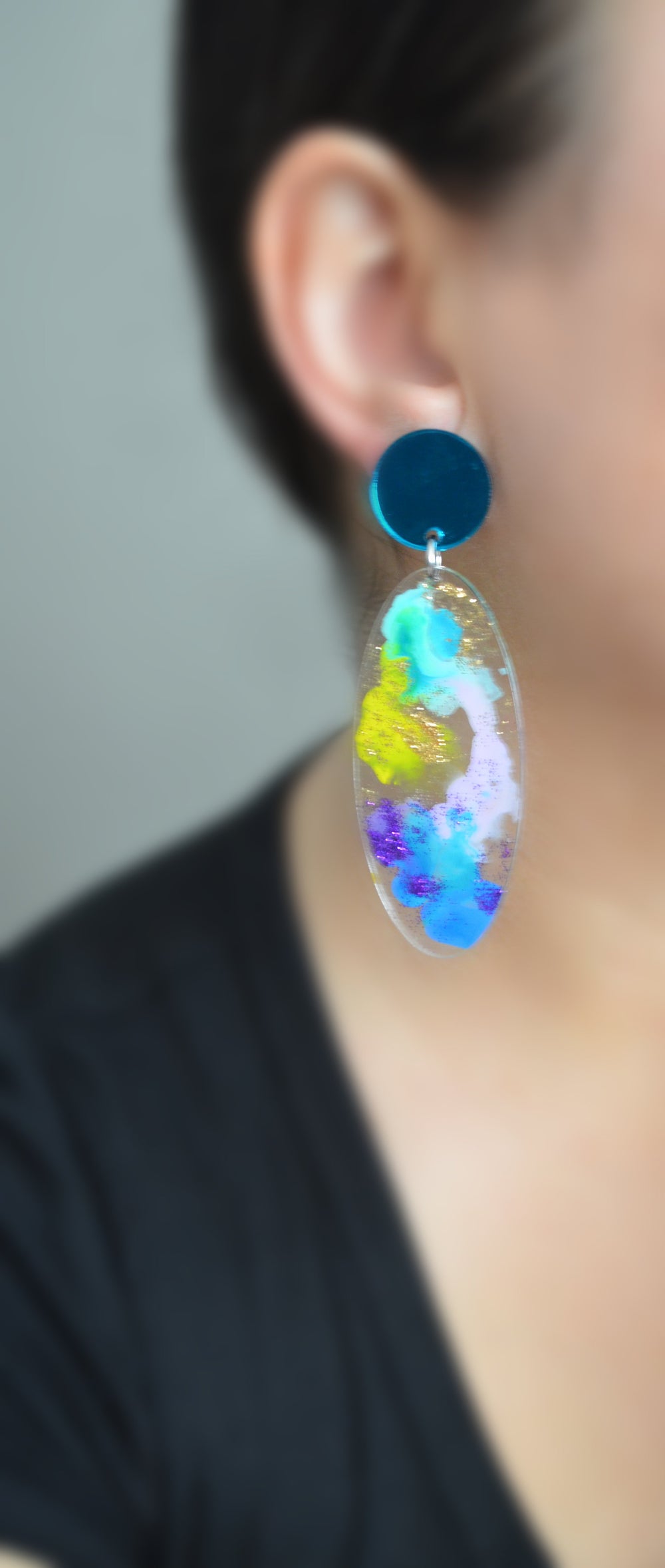 Pastel Ocean Abstract Art Glitter Oval Drop Earrings, Laser Cut Acrylic