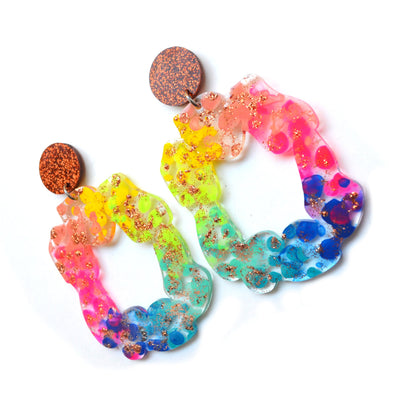 Rainbow and Copper Glitter Laser Cut Acrylic Hoop Statement Earrings