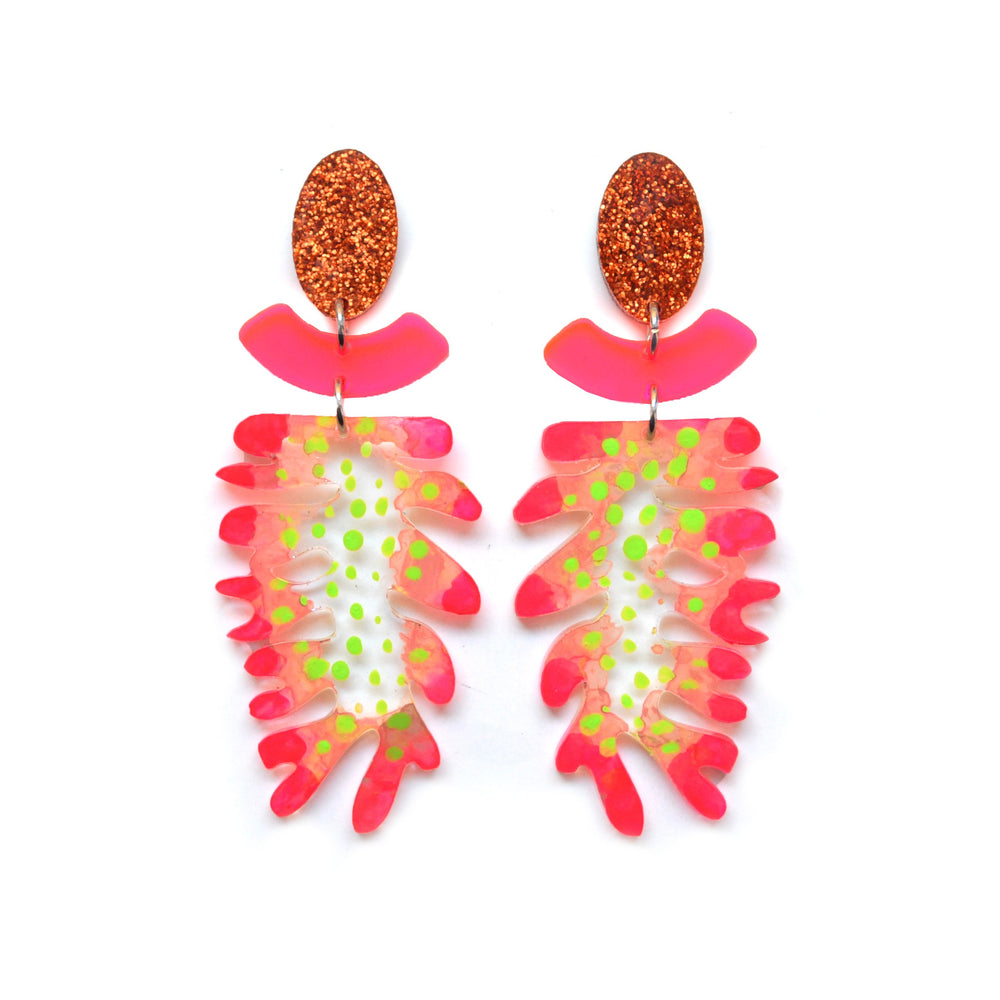 Neon Hot Pink Flower Plant Earrings with Laser Cut Acrylic