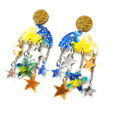 Cloud Moon and Star Dangle Chain Statement Laser Cut and Resin Earrings